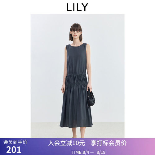 【商场同款】LILY新款女装格雷系休闲褶皱收腰圆领无袖背心连衣裙