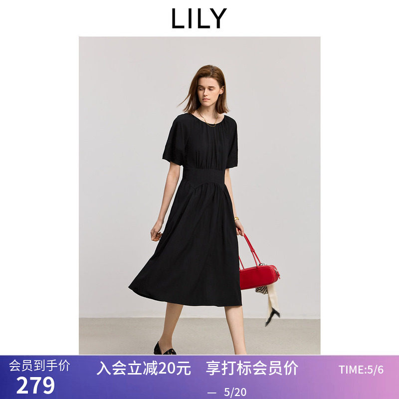 小黑裙LILY夏新款女装简约经典法式泡泡袖收腰圆领休闲连衣裙