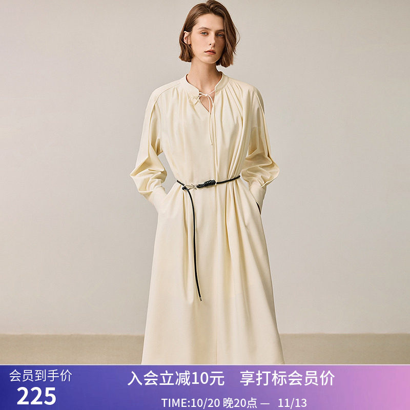 LILY冬新款女装优雅温柔褶皱V领系带领收腰显瘦A字连衣裙女款