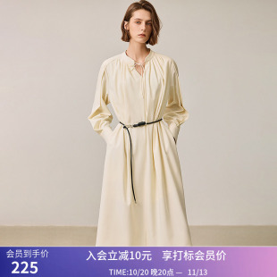 LILY冬新款女装优雅温柔褶皱V领系带领收腰显瘦A字连衣裙女款