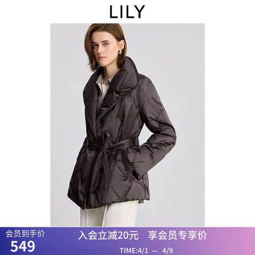 LILY冬新款女装复古老钱风高领腰带收腰90鸭绒菱格羽绒服外套