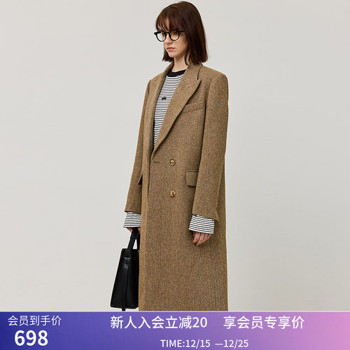 LILY冬新款女装100%绵羊毛复古美拉德直身宽肩百搭毛呢大衣女