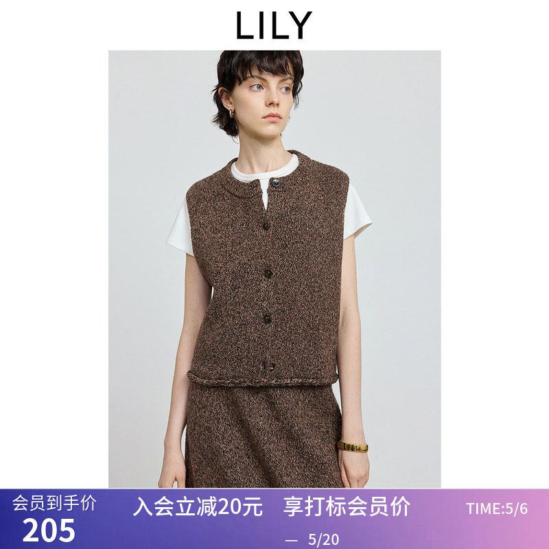 LILY冬新款羊毛混纺麻花休闲通勤无袖圆领马甲背心针织开衫女