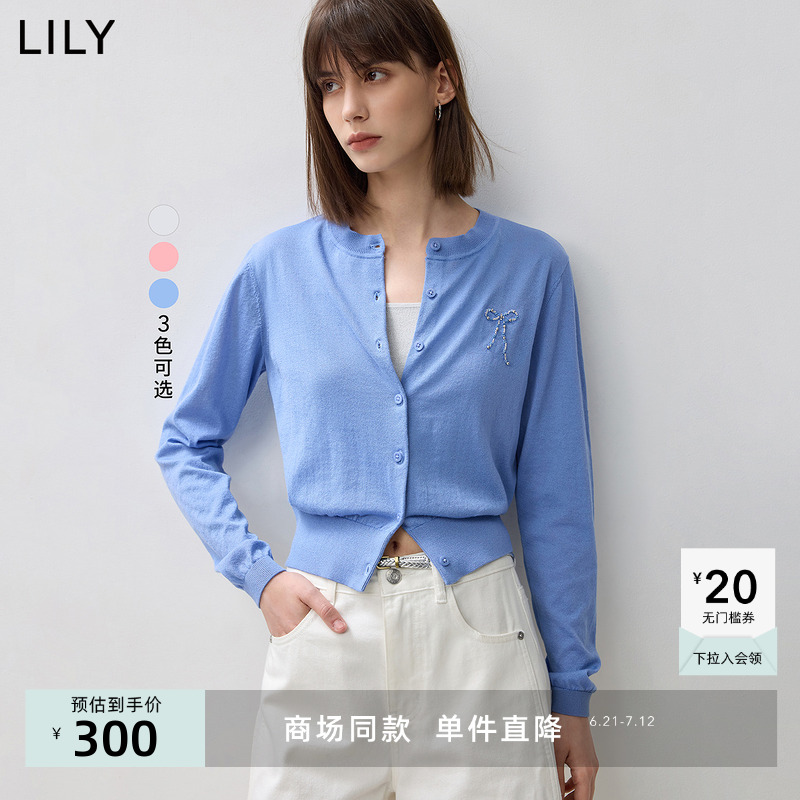 【商场同款】LILY2024秋新款蝴蝶结刺绣钉珠纱线舒适百搭针织开衫
