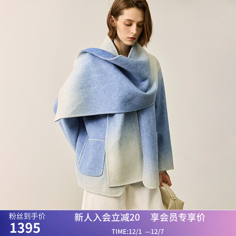 LILY冬新款女装桑蚕丝兔毛渐变双面印花围脖绵羊毛双面呢外套