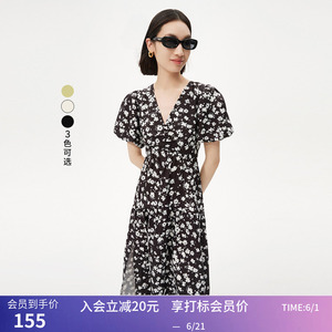 LILY夏新款女装优雅浪漫印花慵懒泡泡袖气质时尚V领连衣裙女