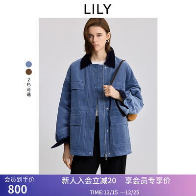 LILY2025冬新款女装灯芯绒收腰撞色工装气质通勤90鸭绒羽绒服外套