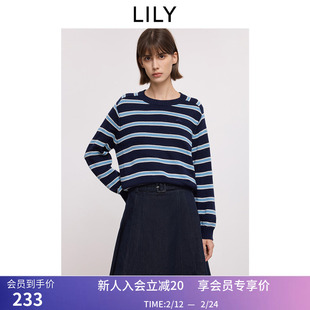 LILY2025冬新款女装含羊毛山羊绒复古条纹加厚针织衫圆领套头毛衣