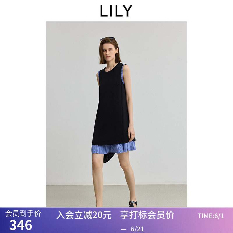 LILY秋新款女装复古设计感条纹拼接无袖圆领A字裙背心连衣裙