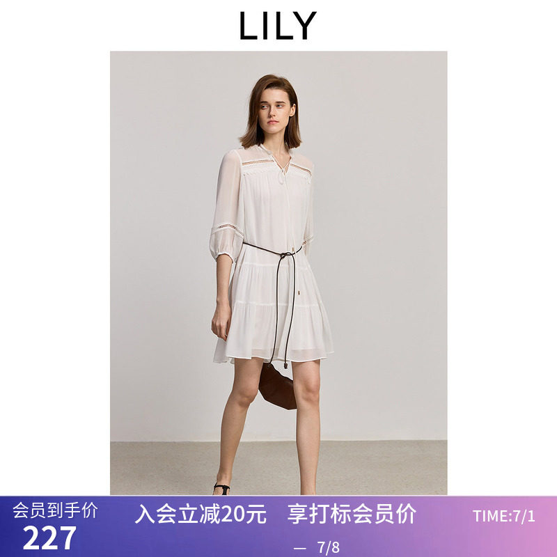 【商场同款】LILY夏新款法式圆领镂空蕾丝A字裙白色连衣裙女