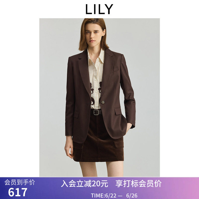 LILY秋新款女装绵羊毛复古老钱风修身收腰通勤咖啡色西装外套