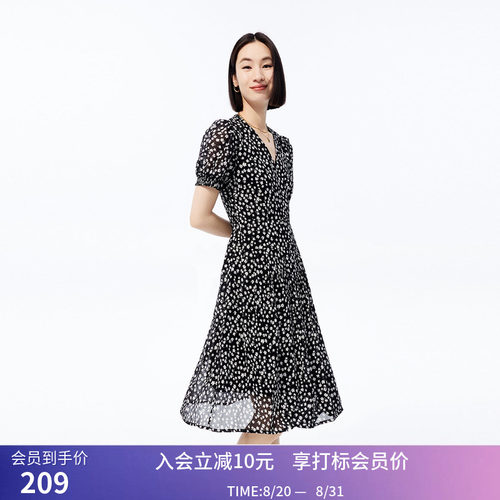 LILY夏新款女装浪漫印花慵懒泡泡袖气质V领显瘦高腰款连衣裙