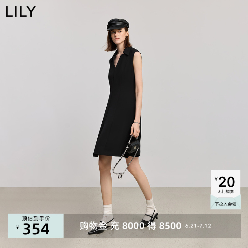 小黑裙LILY2025夏新款女装复古经典简约POLO领无袖收腰黑色连衣裙