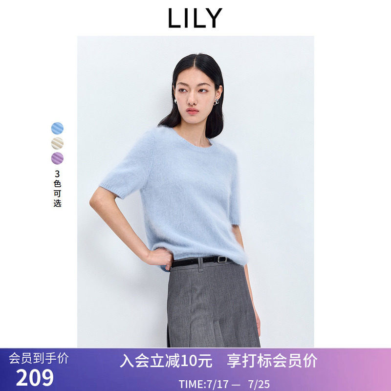 LILY2026春新款羊毛山羊绒混纺绒感圆领套头短袖针织衫毛衣女短款