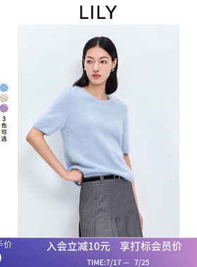 LILY2026春新款羊毛山羊绒混纺绒感圆领套头短袖针织衫毛衣女短款