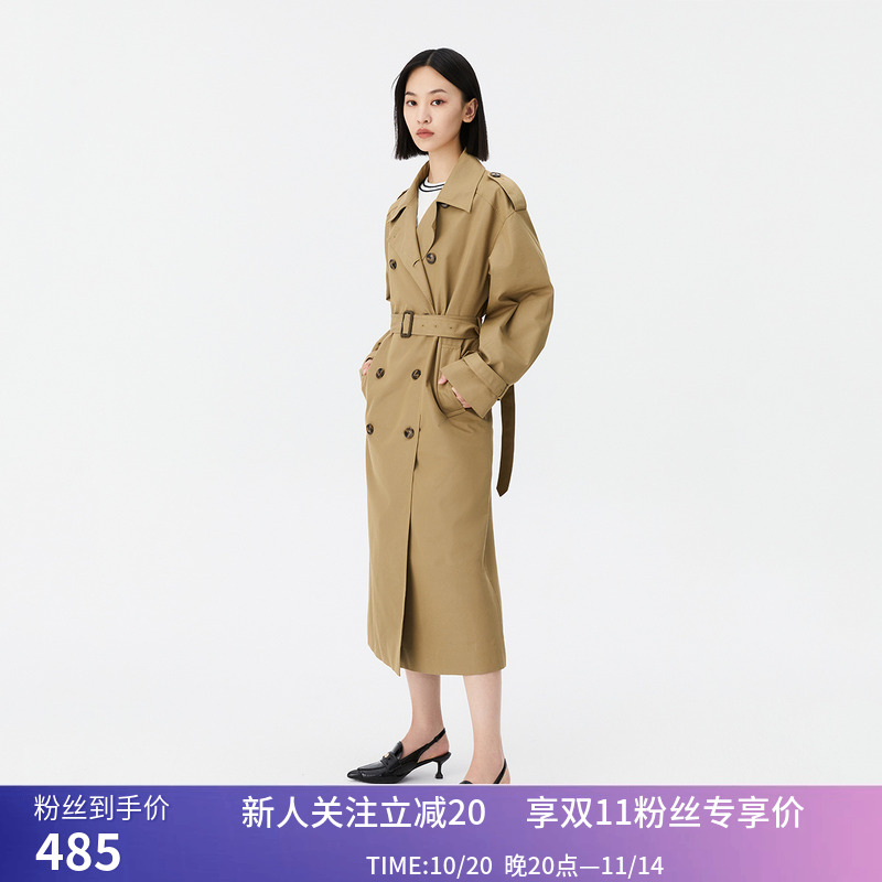 【商场同款】LILY秋新款女装复古双排扣垂坠感长款风衣外套女