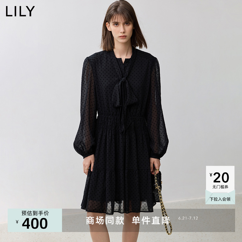 【商场同款】LILY2024秋新款复古波点飘带垂感收腰连衣裙女小黑裙