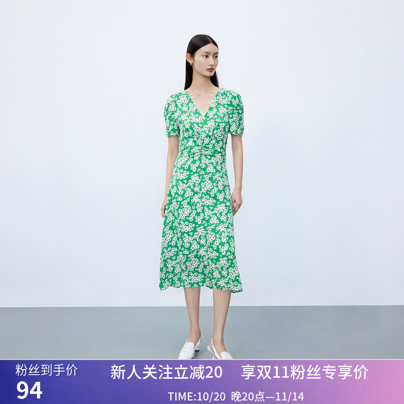 【专柜甄选】LILY秋新款女装含真丝复古印花泡泡袖垂感连衣裙