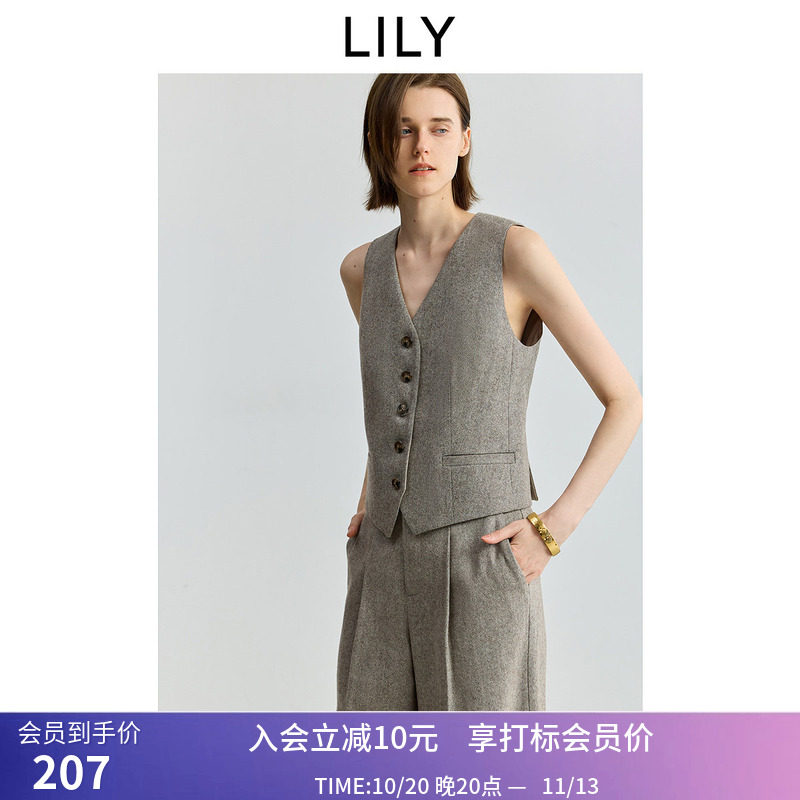 LILY秋新款女装羊毛混纺老钱风V领休闲气质通勤无袖西装马甲