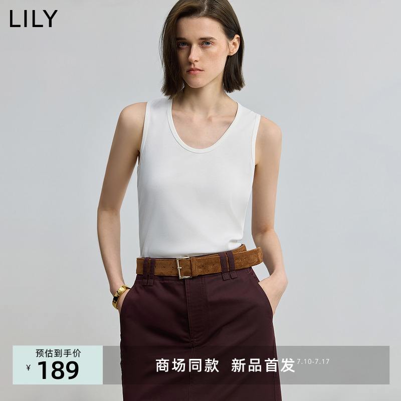 【商场同款】LILY2025秋新款经典基础款U领休闲白色工字背心T恤女