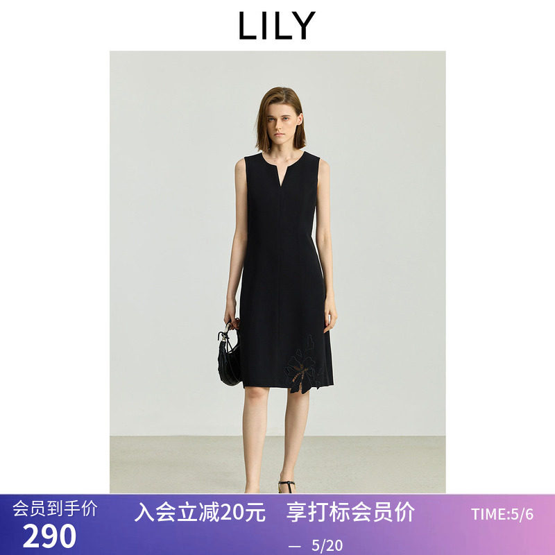 小黑裙LILY秋新款女装醋酸混纺无袖钩花收腰A字裙背心连衣裙