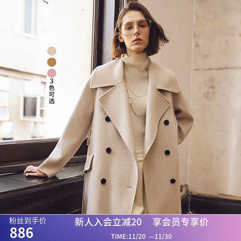LILY冬新款女装100%绵羊毛双排扣宽松百搭通勤高级感毛呢大衣