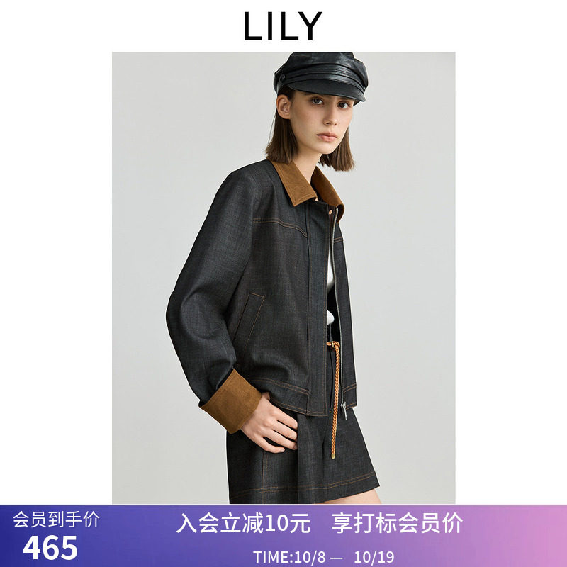 LILY秋新款女装撞色灯芯绒拼接宽松休闲百搭仿牛仔夹克外套
