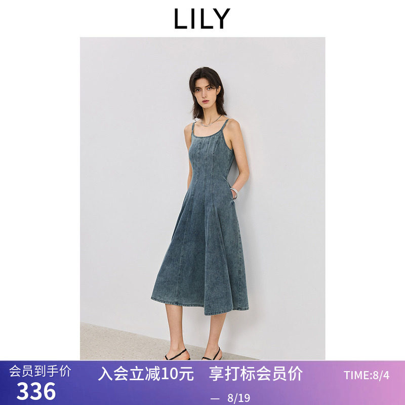 LILY夏新款女装复古宽松休闲收腰百搭可调节吊带裙牛仔连衣裙