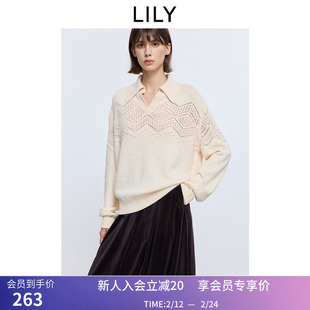 LILY2025冬新款女装羊毛混纺法式镂空绣花翻领气质通勤针织衫毛衣