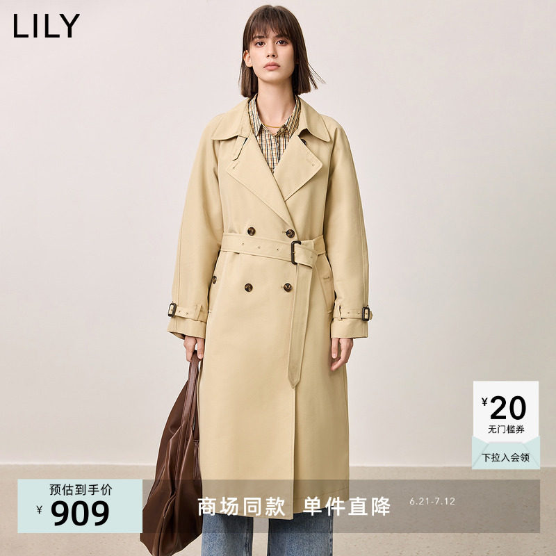 【商场同款】LILY2025春新款女装经典双排扣职业通勤风衣外套长款