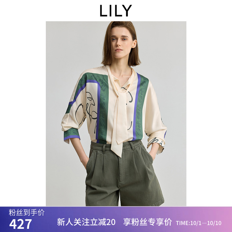 【商场同款】LILY2025秋新款女装复古飘带领印花休闲长袖衬衫外套