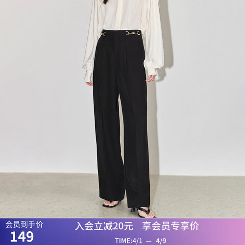 LILY秋新款女装微阔通勤职场设计感高腰直筒拖地裤休闲西装裤