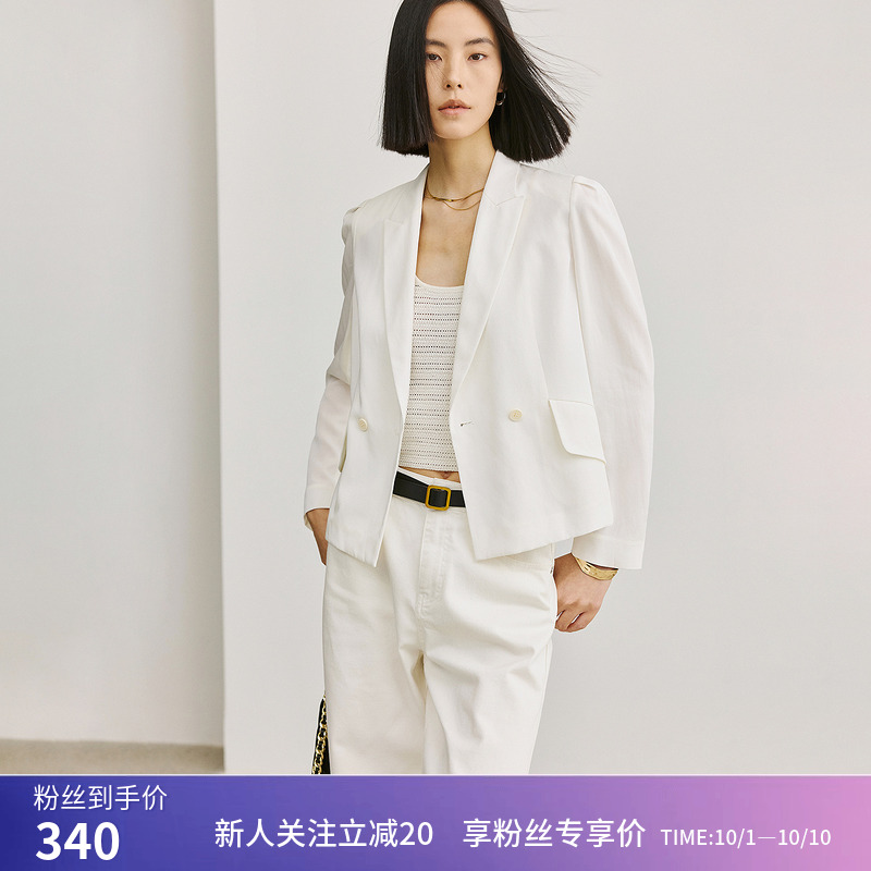 【商场同款】LILY夏新款女装莱赛尔含亚麻复古泡泡袖西装外套