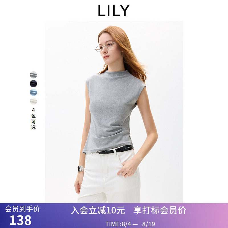LILY2026秋新款含莱赛尔简约半高领不对称收腰修身无袖T恤女短款