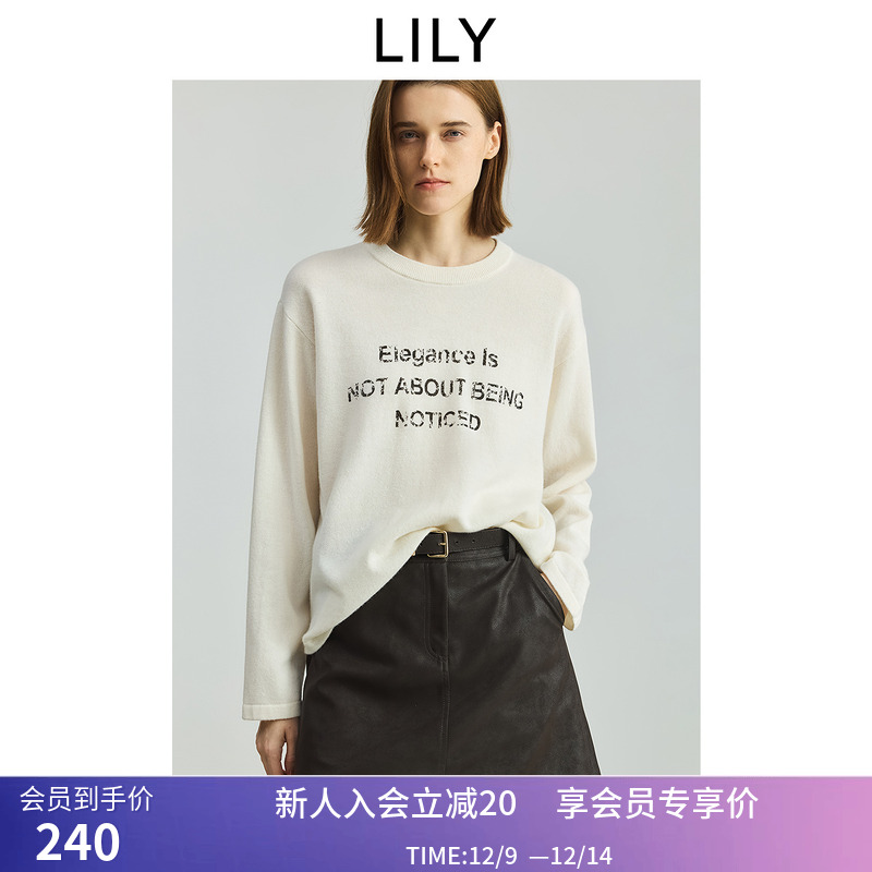 【100%羊毛】商场同款LILY2025秋新款女装复古字母印花打底针织衫