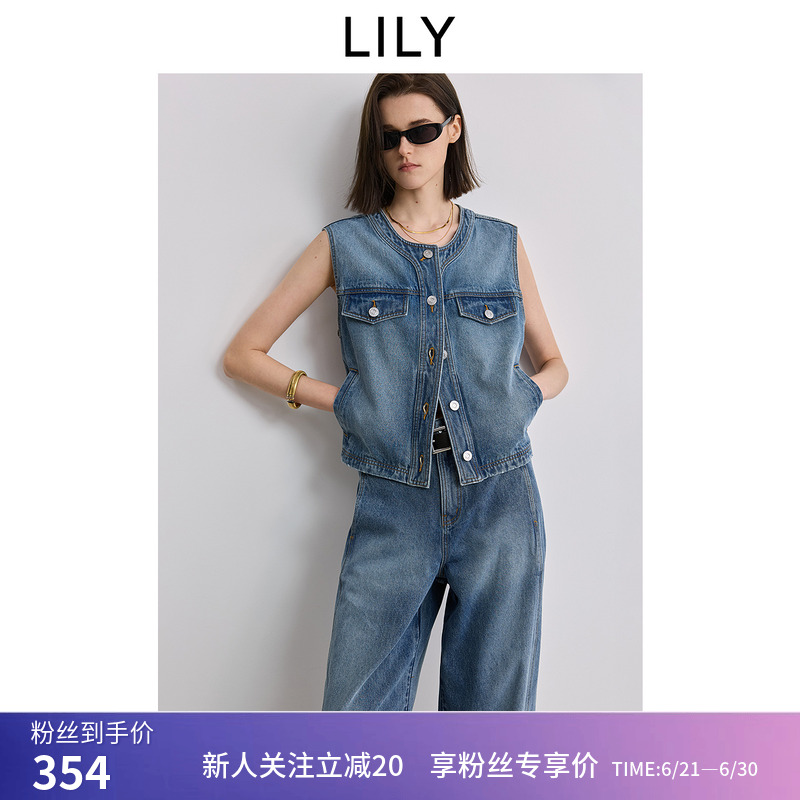 LILY2025夏新款女装复古简约宽松休闲百搭无领牛仔马甲无袖背心