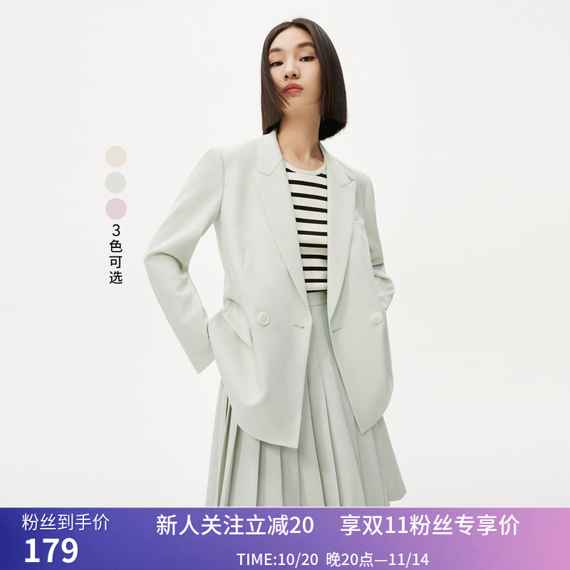 LILY夏新款女装时尚复古双排扣气质纯色温柔通勤宽松西装外套