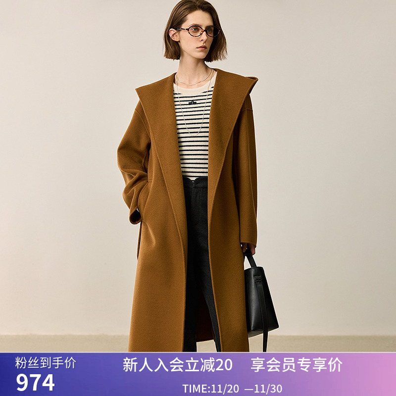 LILY冬新款女装100%绵羊毛休闲连帽宽松收腰百搭双面呢大衣女