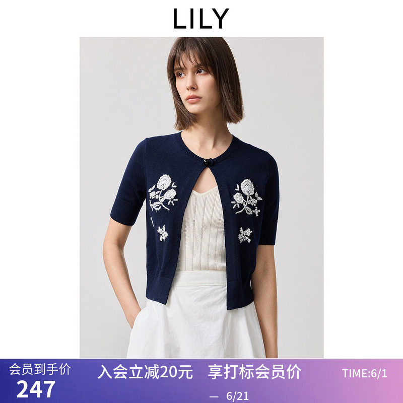 【商场同款】LILY夏新款重工立体绣花休闲披肩短袖针织开衫女
