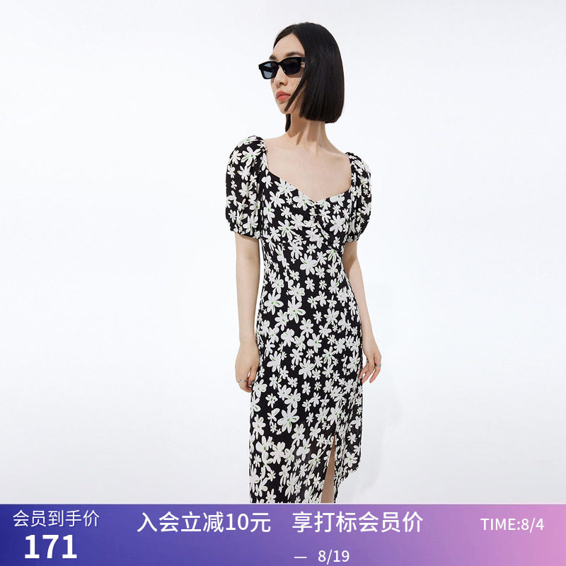 LILY夏新款女装优雅复古方领艺术印花气质通勤显瘦高腰连衣裙