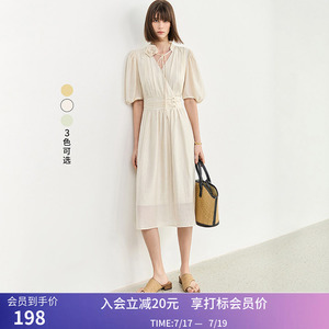 LILY夏新款女装复古泡泡袖浪漫花卉气质温柔高腰连衣裙