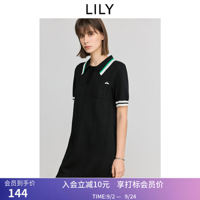 LILY春新款学院风复古休闲撞色POLO领通勤短袖针织连衣裙女