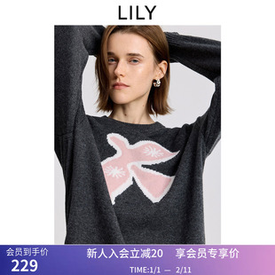 LILY2025冬新款女装羊毛混纺撞色幸运鸽提花加厚套头针织衫毛衣