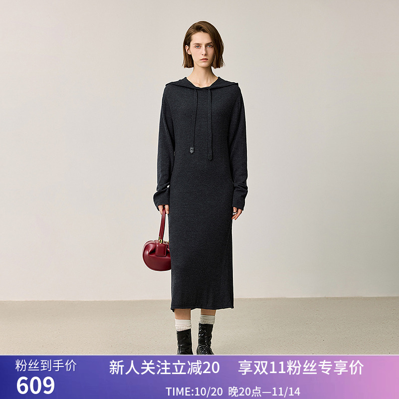 【100%绵羊毛】商场同款LILY2024冬新款女装连帽微宽松直筒连衣裙