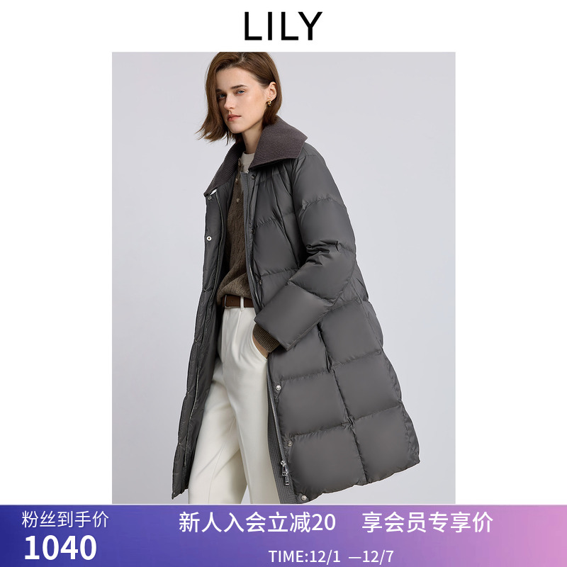 LILY2025冬新款复古针织翻领宽松休闲90鸭绒泡芙羽绒服外套女长款