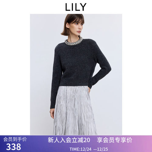 LILY2025冬新款女装含羊毛格雷系钉钻加厚休闲通勤圆领套头针织衫