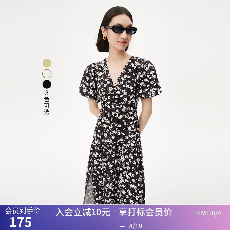 LILY夏新款女装优雅浪漫印花慵懒泡泡袖气质时尚V领连衣裙女