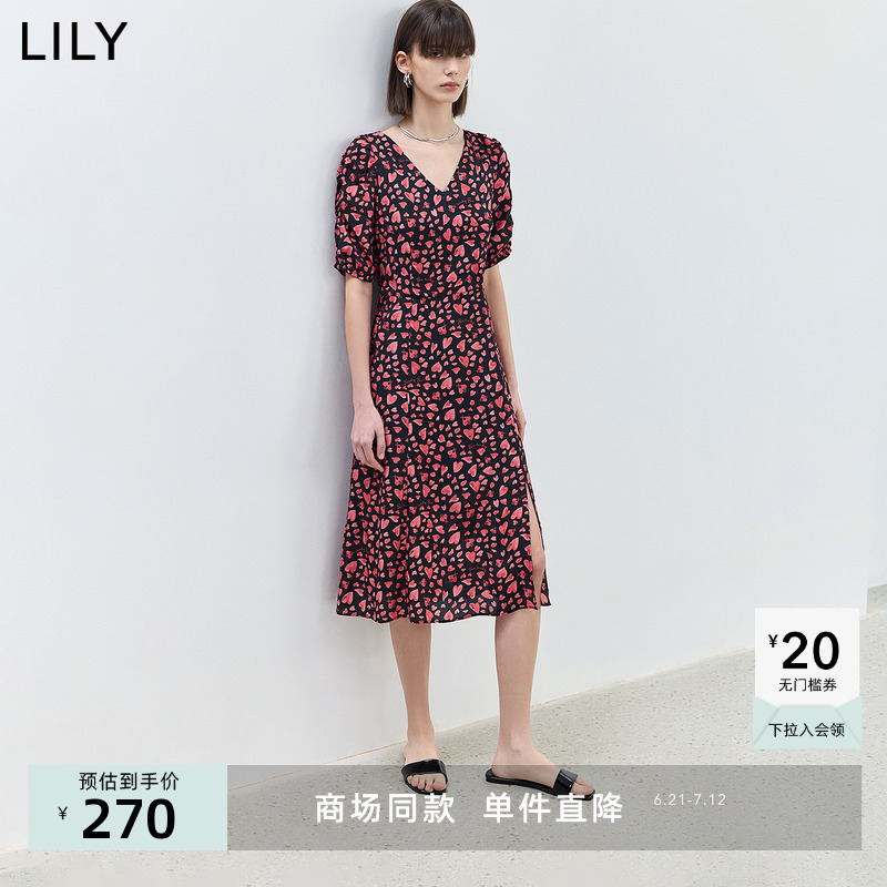 【商场同款】LILY2024夏新款复古V领泡泡袖舒适垂感自然连衣裙