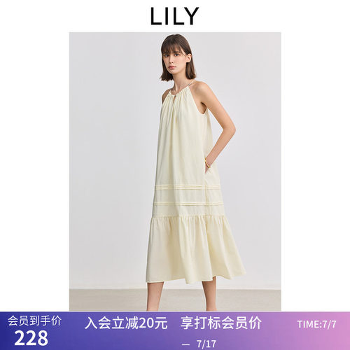 LILY春新款女装气质宽松休闲小V领挂脖连衣裙黄色A字蛋糕裙