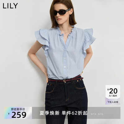 LILY2025夏新款女装全棉学院风减龄木耳边花边小飞袖休闲蓝色衬衫